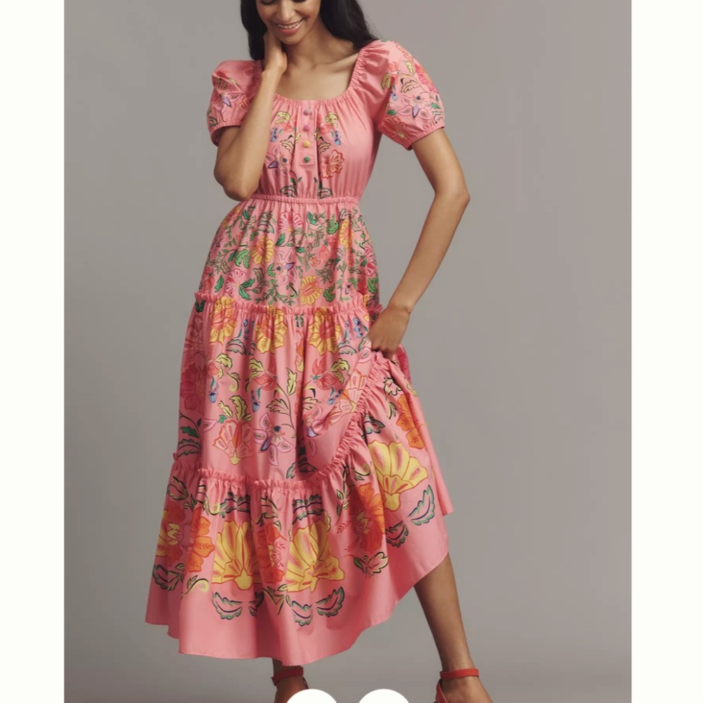 NWT Farm Rio x Anthropologie Tiered Puff-Sleeve Midi Dress - xxs